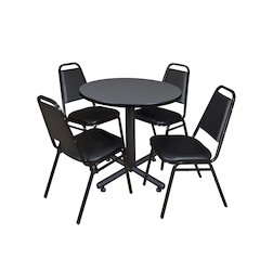 30 in. Round X-Base Breakroom Table- Grey, 4 Restaurant Stack Chairs- Black