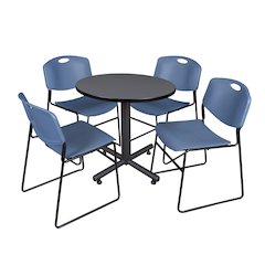 30 in. Round X-Base Breakroom Table- Grey, 4 Zeng Stack Chairs- Blue