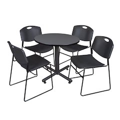 30 in. Round X-Base Breakroom Table- Grey, 4 Zeng Stack Chairs- Black