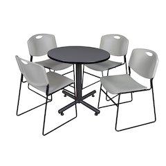 30 in. Round X-Base Breakroom Table- Grey, 4 Zeng Stack Chairs- Grey