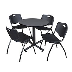 30 in. Round X-Base Breakroom Table- Grey, 4 M Stack Chairs- Black