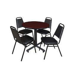 30 in. Round X-Base Breakroom Table- Mahogany, 4 Restaurant Stack Chairs- Black