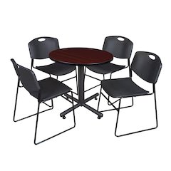 30 in. Round X-Base Breakroom Table- Mahogany, 4 Zeng Stack Chairs- Black