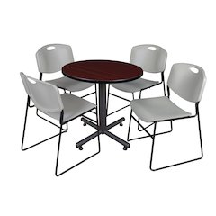 30 in. Round X-Base Breakroom Table- Mahogany, 4 Zeng Stack Chairs- Grey