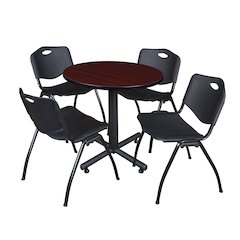 30 in. Round X-Base Breakroom Table- Mahogany, 4 M Stack Chairs- Black