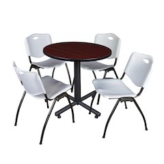 30 in. Round X-Base Breakroom Table- Mahogany, 4 M Stack Chairs- Grey