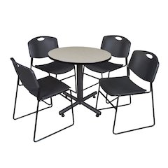 30 in. Round X-Base Breakroom Table- Maple, 4 Zeng Stack Chairs- Black