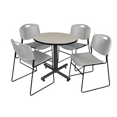 30 in. Round X-Base Breakroom Table- Maple, 4 Zeng Stack Chairs- Grey