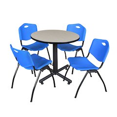 30 in. Round X-Base Breakroom Table- Maple, 4 M Stack Chairs- Blue