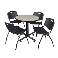 30 in. Round X-Base Breakroom Table- Maple, 4 M Stack Chairs- Black