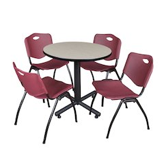 30 in. Round X-Base Breakroom Table- Maple, 4 M Stack Chairs- Burgundy