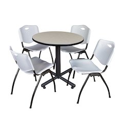 30 in. Round X-Base Breakroom Table- Maple, 4 M Stack Chairs- Grey
