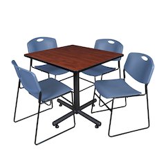 36 in. Square X-Base Breakroom Table- Cherry, 4 Zeng Stack Chairs- Blue