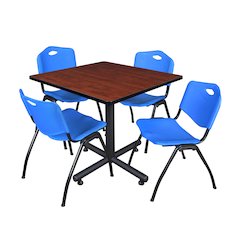 36 in. Square X-Base Breakroom Table- Cherry, 4 M Stack Chairs- Blue