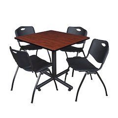 36 in. Square X-Base Breakroom Table- Cherry, 4 M Stack Chairs- Black