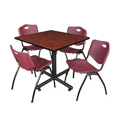 36 in. Square X-Base Breakroom Table- Cherry, 4 M Stack Chairs- Burgundy