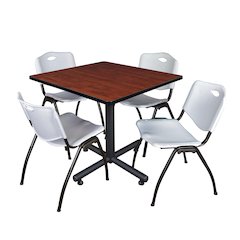 36 in. Square X-Base Breakroom Table- Cherry, 4 M Stack Chairs- Grey