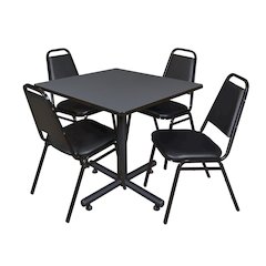 36 in. Square X-Base Breakroom Table- Grey, 4 Restaurant Stack Chairs- Black