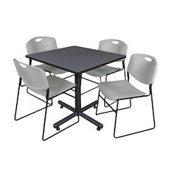 36 in. Square X-Base Breakroom Table- Grey, 4 Zeng Stack Chairs- Grey
