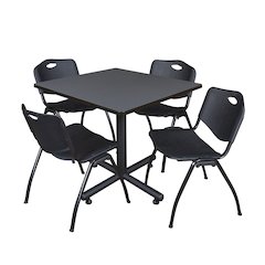 36 in. Square X-Base Breakroom Table- Grey, 4 M Stack Chairs- Black