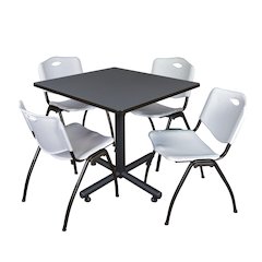 36 in. Square X-Base Breakroom Table- Grey, 4 M Stack Chairs- Grey
