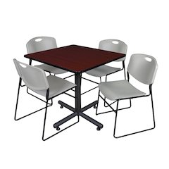 36 in. Square X-Base Breakroom Table- Mahogany, 4 Zeng Stack Chairs- Grey