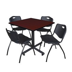 36 in. Square X-Base Breakroom Table- Mahogany, 4 M Stack Chairs- Black