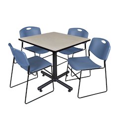 36 in. Square X-Base Breakroom Table- Maple, 4 Zeng Stack Chairs- Blue