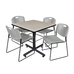 36 in. Square X-Base Breakroom Table- Maple, 4 Zeng Stack Chairs- Grey