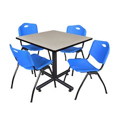 36 in. Square X-Base Breakroom Table- Maple, 4 M Stack Chairs- Blue
