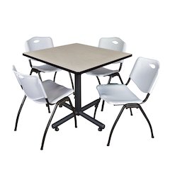 36 in. Square X-Base Breakroom Table- Maple, 4 M Stack Chairs- Grey
