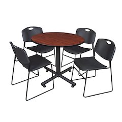 36 in. Round X-Base Breakroom Table- Cherry, 4 Zeng Stack Chairs- Black