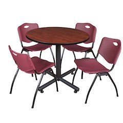 36 in. Round X-Base Breakroom Table- Cherry, 4 M Stack Chairs- Burgundy