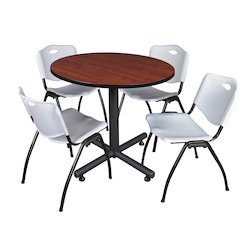 36 in. Round X-Base Breakroom Table- Cherry, 4 M Stack Chairs- Grey