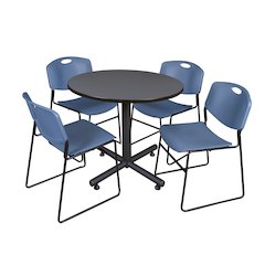 36 in. Round X-Base Breakroom Table- Grey, 4 Zeng Stack Chairs- Blue