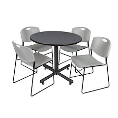 36 in. Round X-Base Breakroom Table- Grey, 4 Zeng Stack Chairs- Grey