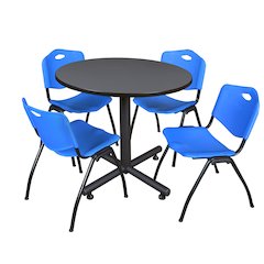 36 in. Round X-Base Breakroom Table- Grey, 4 M Stack Chairs- Blue