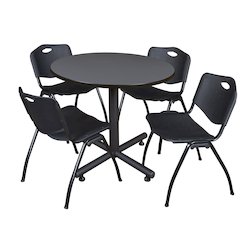 36 in. Round X-Base Breakroom Table- Grey, 4 M Stack Chairs- Black