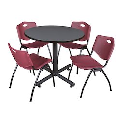 36 in. Round X-Base Breakroom Table- Grey, 4 M Stack Chairs- Burgundy