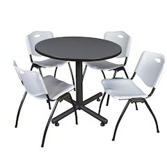 36 in. Round X-Base Breakroom Table- Grey, 4 M Stack Chairs- Grey