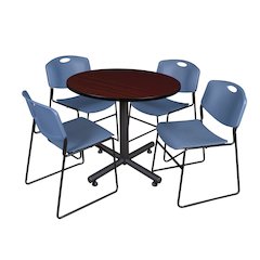 36 in. Round X-Base Breakroom Table- Mahogany, 4 Zeng Stack Chairs- Blue