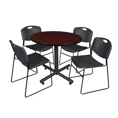 36 in. Round X-Base Breakroom Table- Mahogany, 4 Zeng Stack Chairs- Black