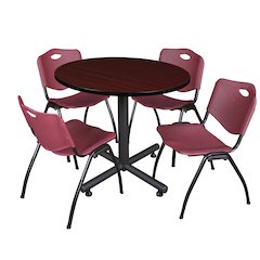 36 in. Round X-Base Breakroom Table- Mahogany, 4 M Stack Chairs- Burgundy