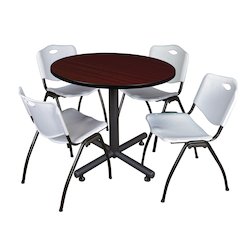 36 in. Round X-Base Breakroom Table- Mahogany, 4 M Stack Chairs- Grey