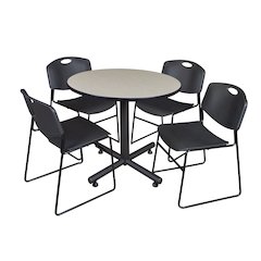 36 in. Round X-Base Breakroom Table- Maple, 4 Zeng Stack Chairs- Black