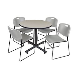 36 in. Round X-Base Breakroom Table- Maple, 4 Zeng Stack Chairs- Grey
