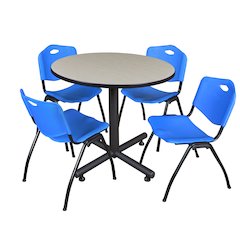 36 in. Round X-Base Breakroom Table- Maple, 4 M Stack Chairs- Blue