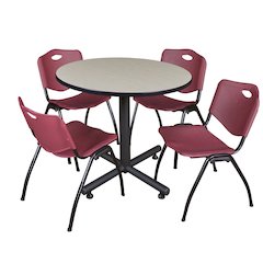 36 in. Round X-Base Breakroom Table- Maple, 4 M Stack Chairs- Burgundy