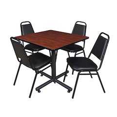 42 in. Square X-Base Breakroom Table- Cherry, 4 Restaurant Stack Chairs- Black