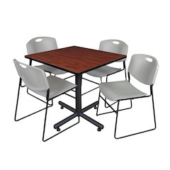 42 in. Square X-Base Breakroom Table- Cherry, 4 Zeng Stack Chairs- Grey